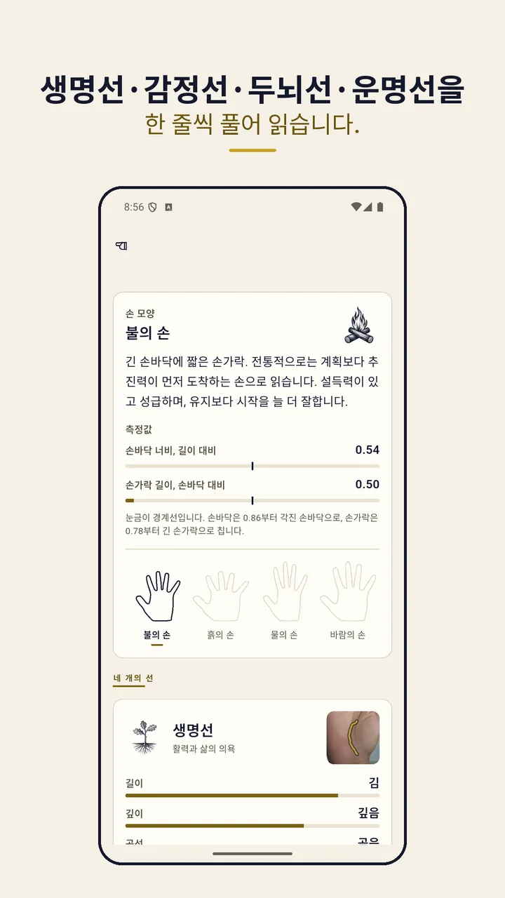 생명선과 감정선 풀이를 한 줄씩 보여 주는 화면